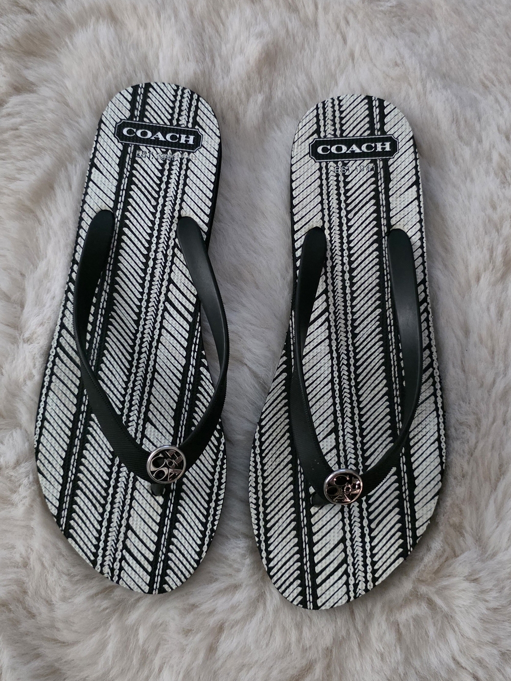 COACH Black and White Patterned Flip Flop Sandals